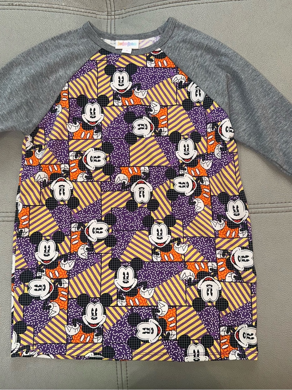 LuLaRoe Men's Mickey Patchwork Raglan in Purple, Yellow, Orange, Gray, Black